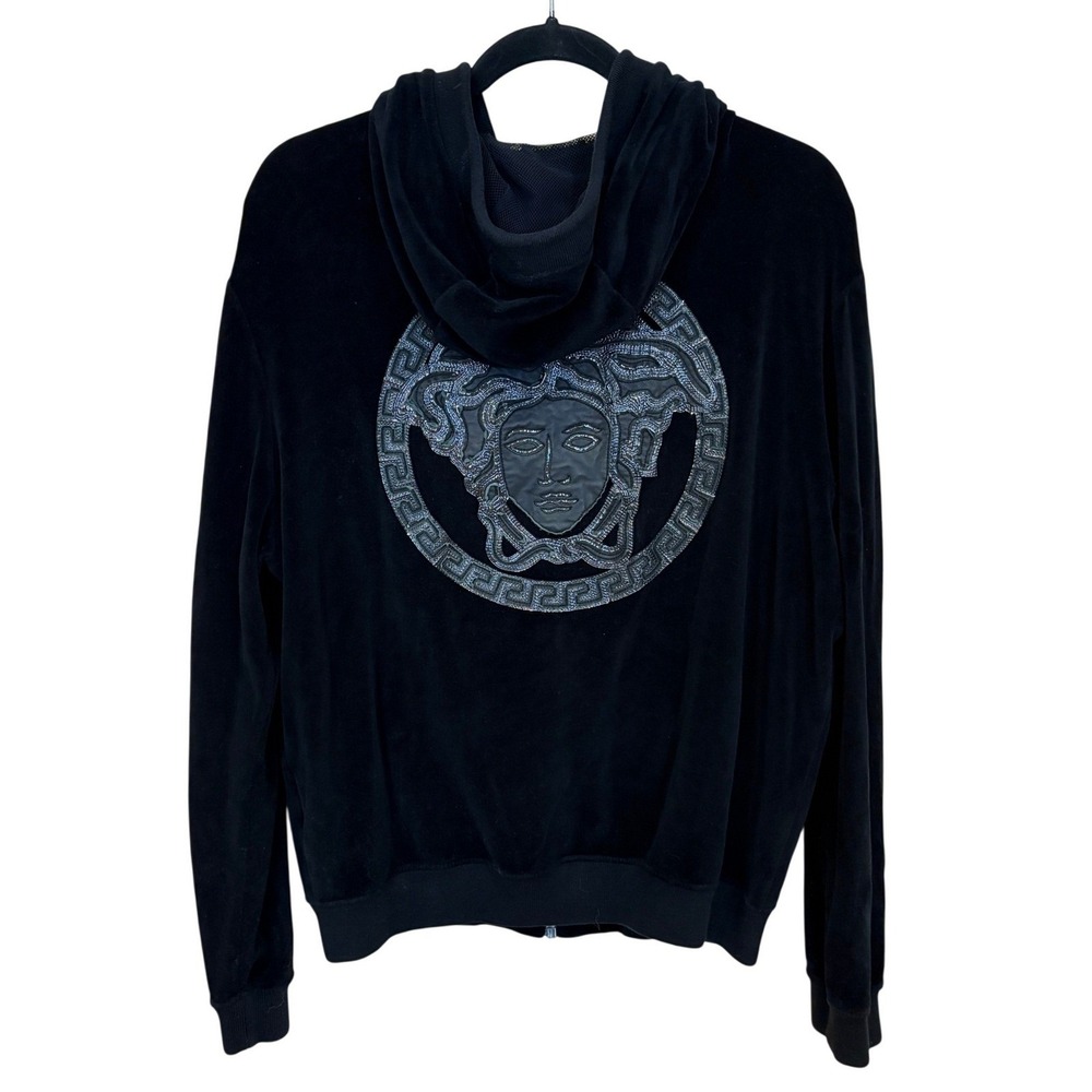 Versace Hoodie Mens L Black Velour Medusa Logo Leather Trim Full Zip Made Italy